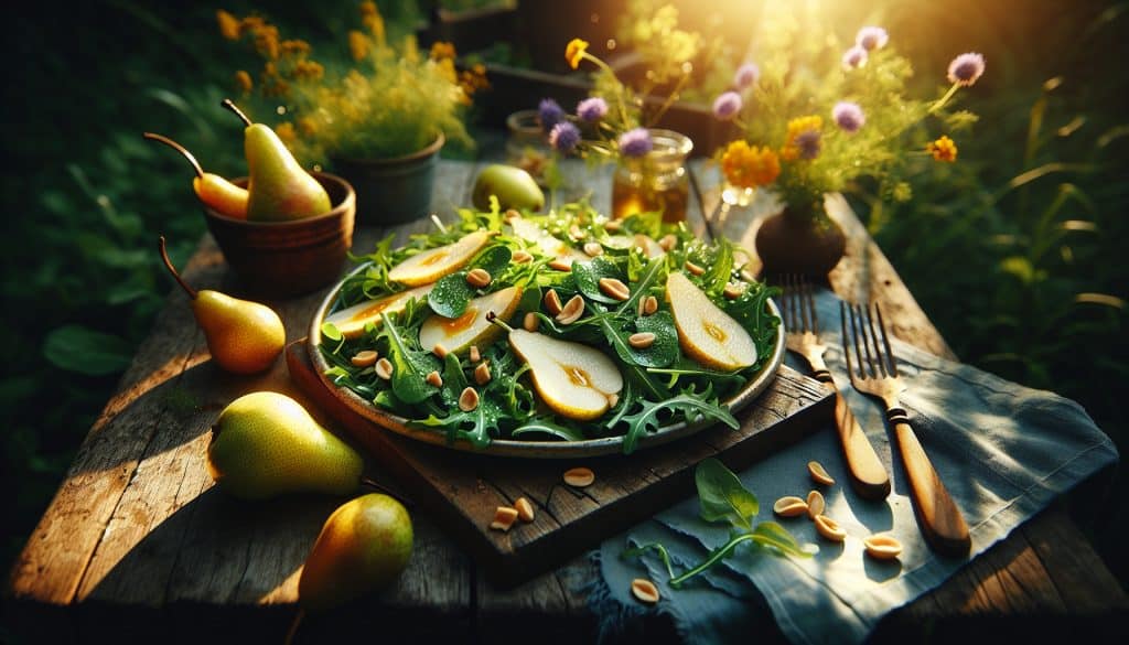 Ensalada de arúgula con pera con Cacahuates Mafer® tostados sin sal