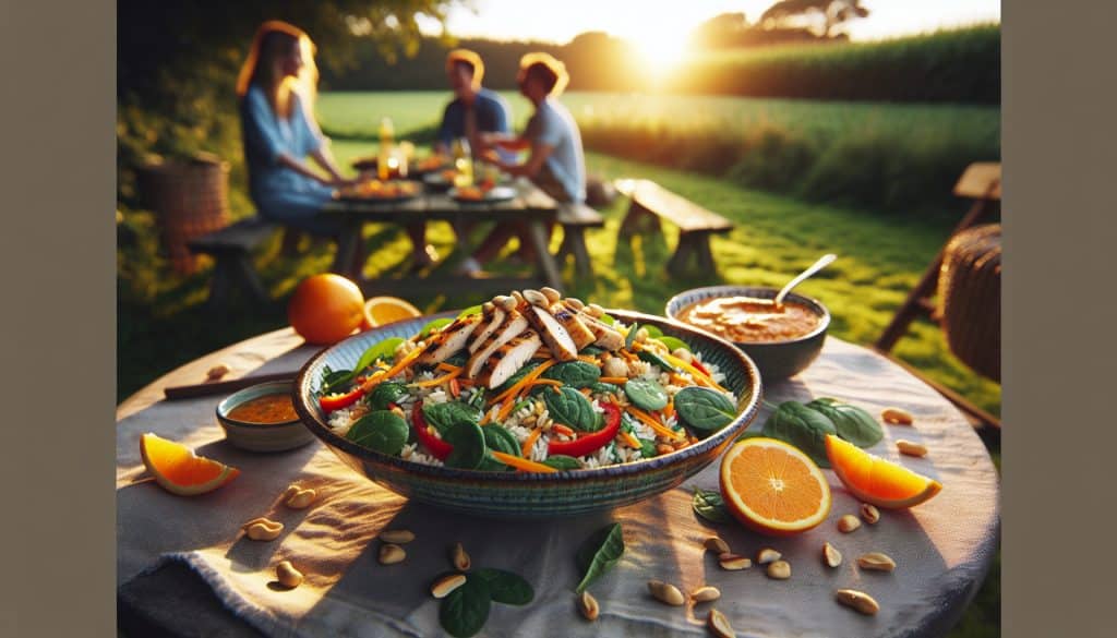 Ensalada de pollo y arroz con aderezo de naranja con Cacahuates Mafer® tostados sin sal