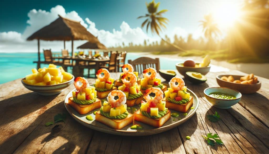 Mini tostadas de camarón con piña y aguacate