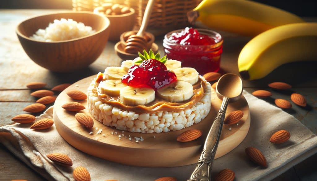 Rice Cake Quaker® sin sal con crema de almendras, mermelada y plátano
