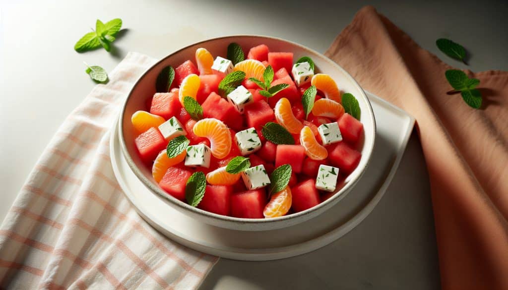 Ensalada de sandía con mandarina y cubos de queso panela