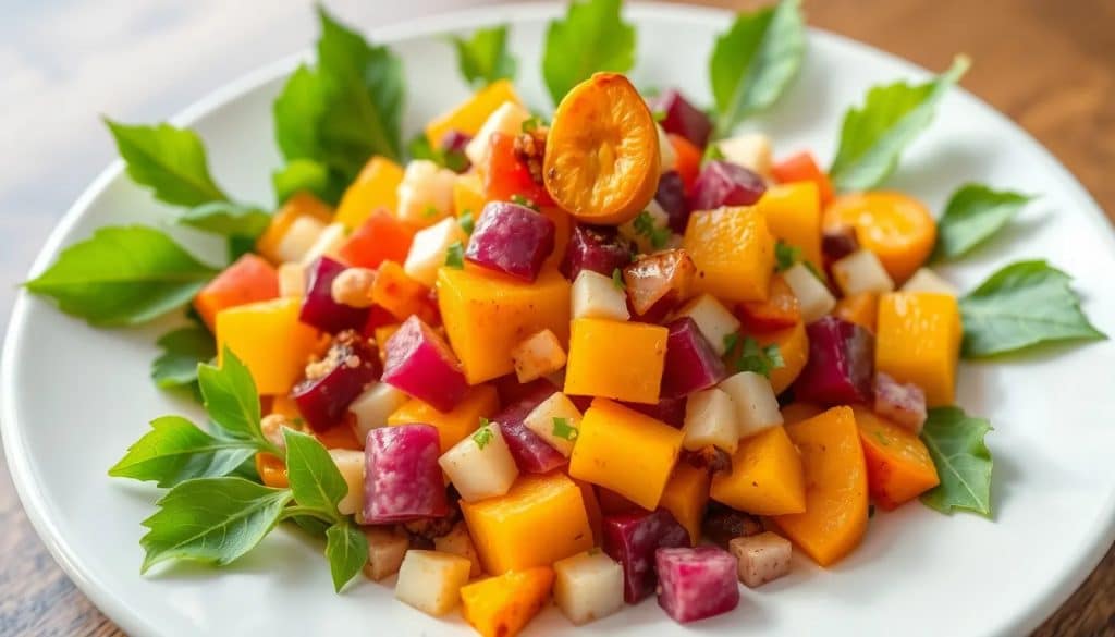 Ensalada de camote y betabel con cacahuates