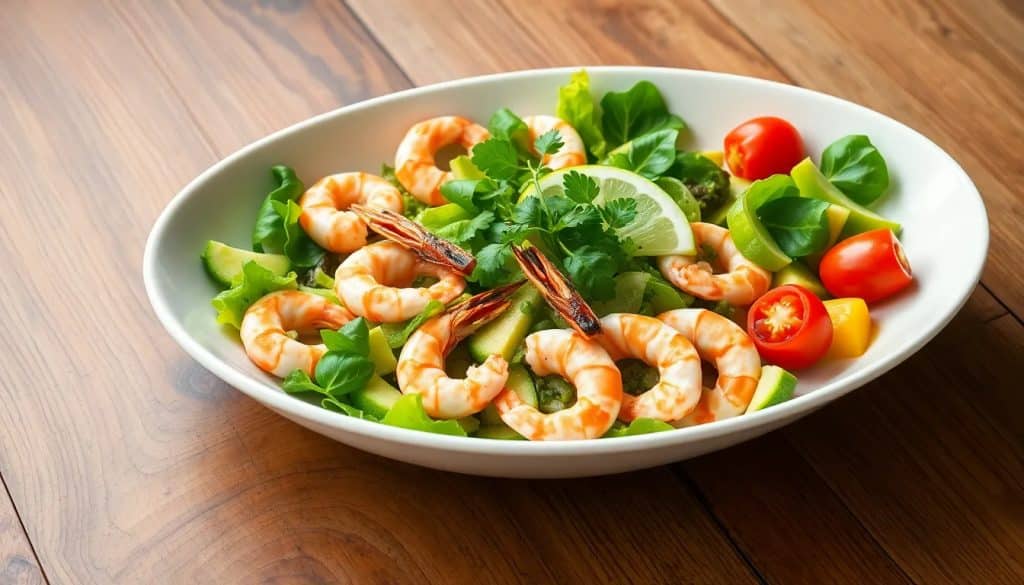 Ensalada verde con camarones deliciosa y fácil de preparar